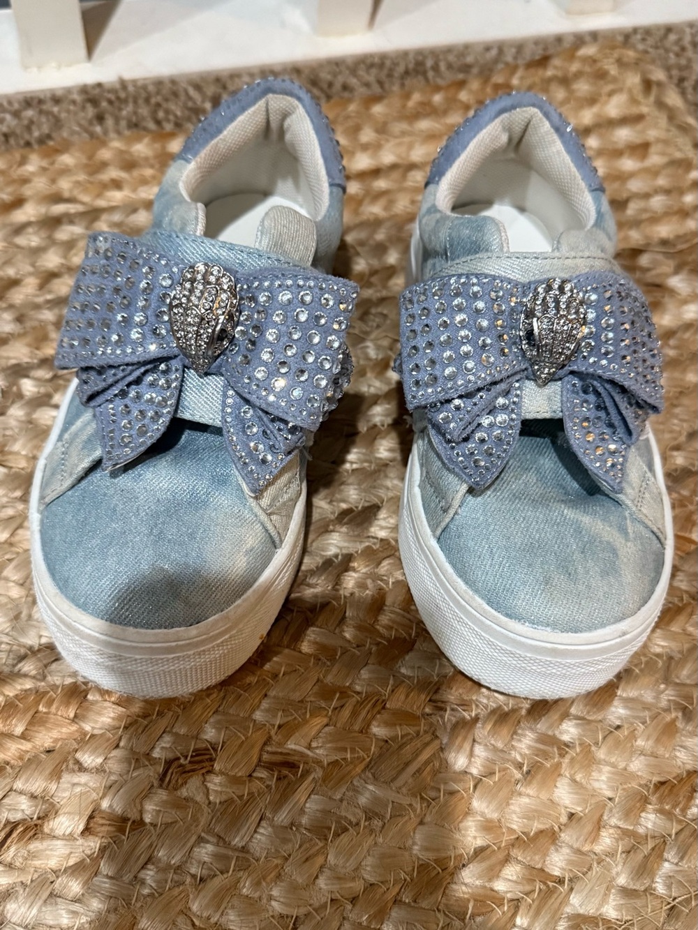 Kurt Geiger Light Blue Rhinestone Bow Kids Sneakers